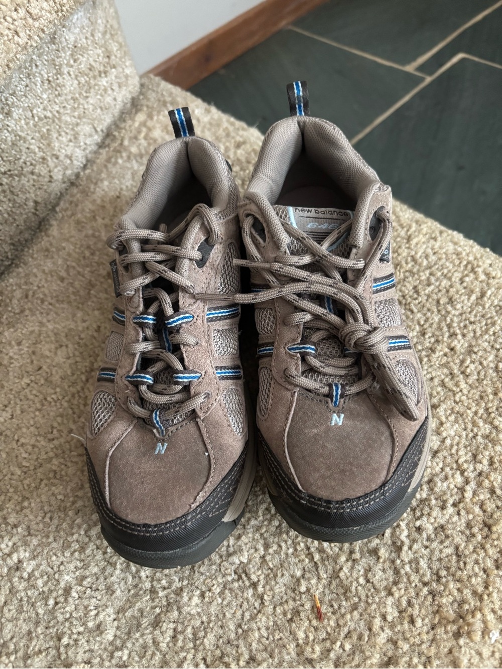 New Balance Brown Suede Athletic Shoes with Blue Trim- hiking shoes